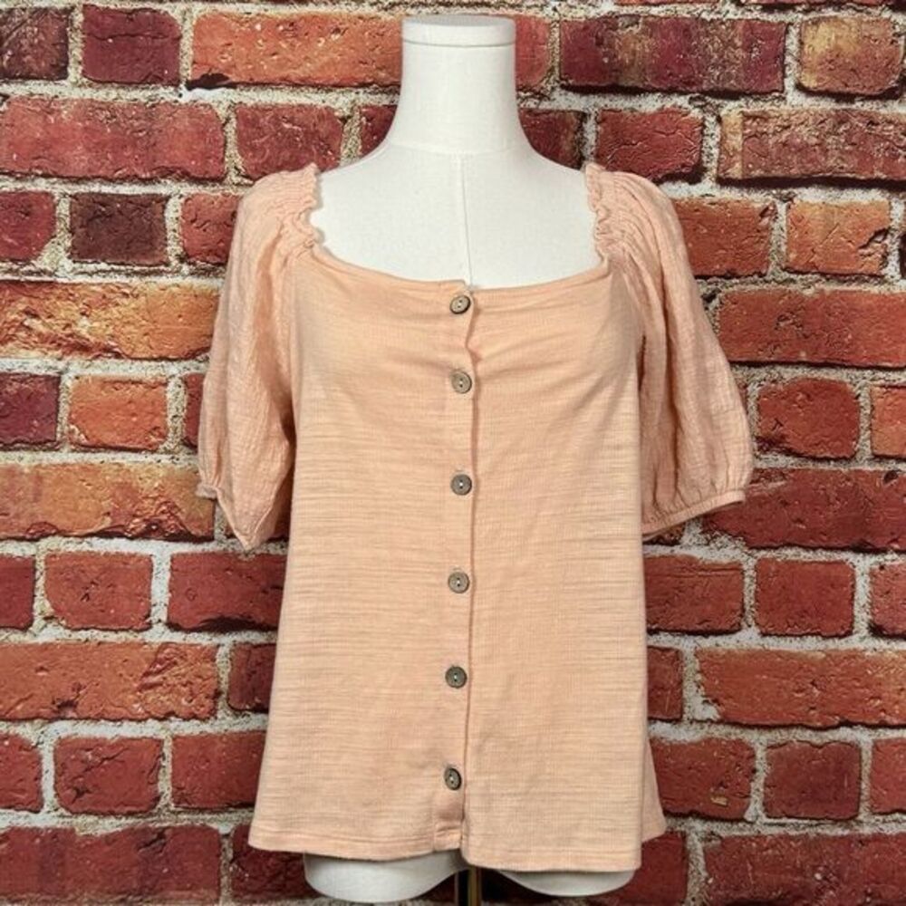 Truselec Women's Off‎ Shoulder Short Sleeve Peach Button Front Size Medium